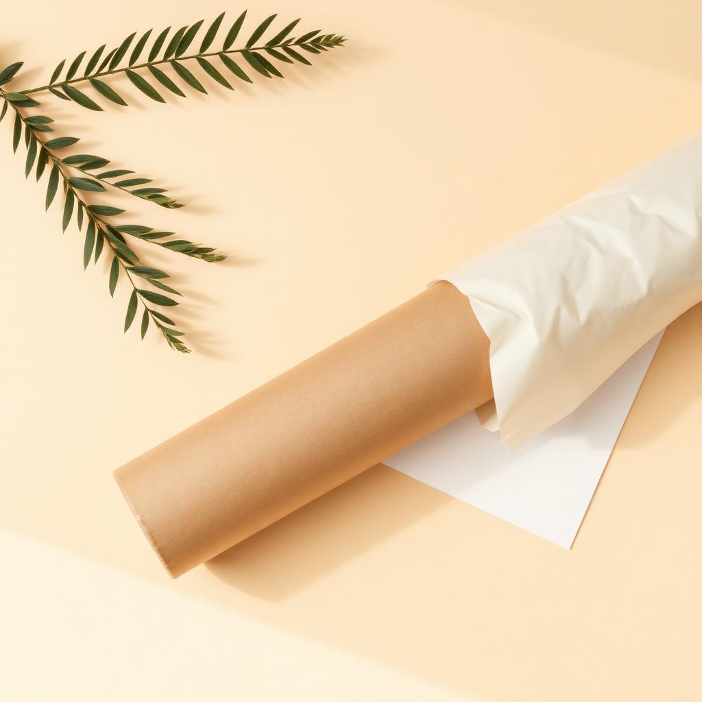 Kraft-Versandröhre mit Seidenpapier und aufgerolltem Poster auf Ivory-Hintergrund